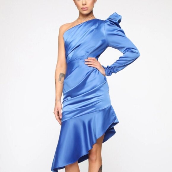Fashion Nova X Cardi B Silky One Arm Aysymmetrical Dress Size XS Blue - Picture 1 of 7